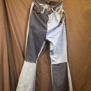 Blue color-block flare jeans